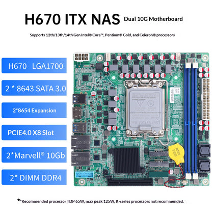 H670 NAS ITX motherboard with DDR4 memory, PCIe slots, dual 8643 8SATA motherboard, supports U2 hard drives