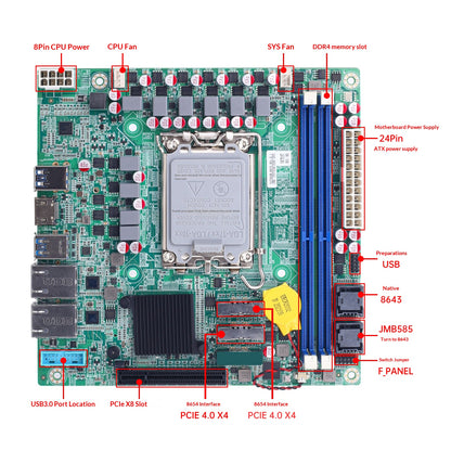 H670 NAS ITX motherboard with DDR4 memory, PCIe slots, dual 8643 8SATA motherboard, supports U2 hard drives